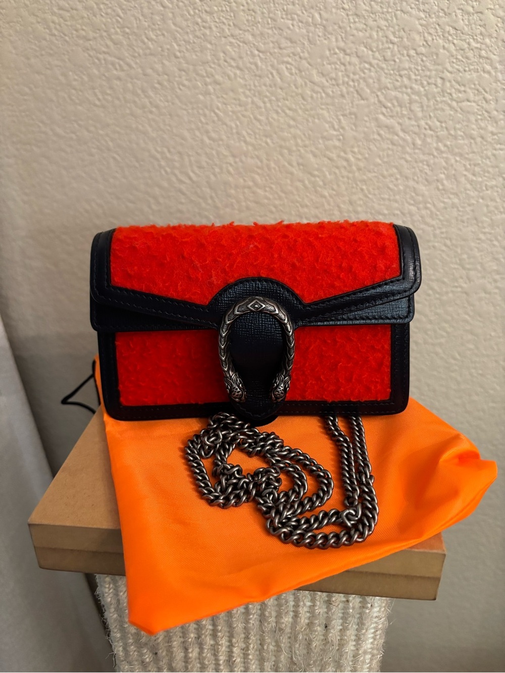 Gucci Dionysus Super Mini CrossBody Bag Res Tweed Wool Navy Blue Leather